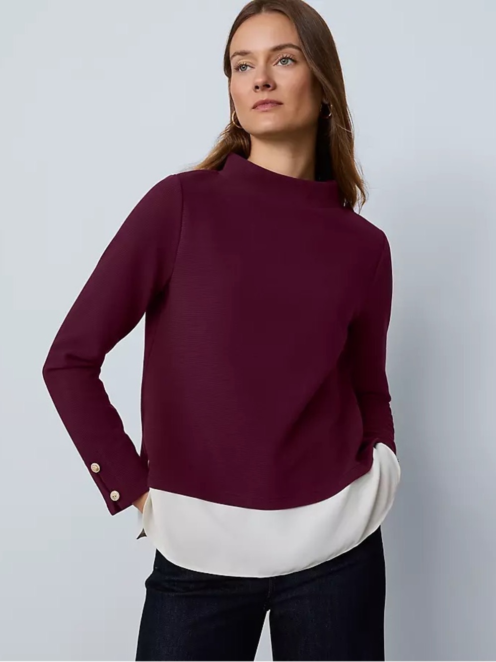 Ann Taylor Mixed Media Mock Neck Long-Sleeve Layered Top in Plum and White